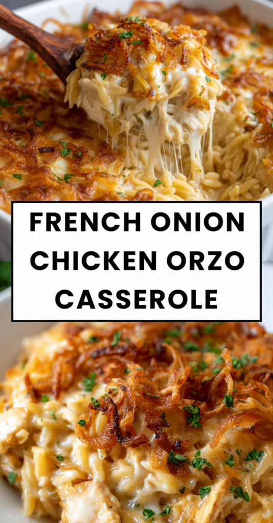 French Onion Chicken Orzo Casserole
