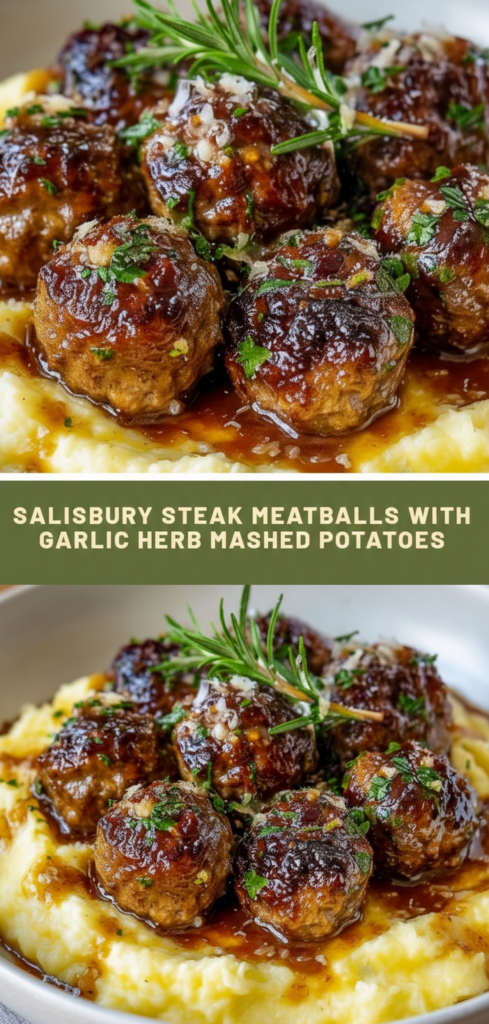 Salisbury Steak Meatballs with Garlic Herb Mashed Potatoes